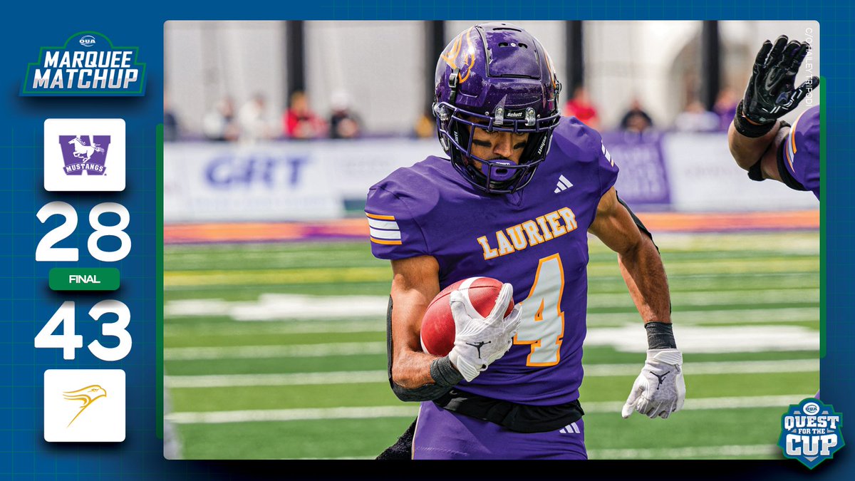 OUAsport's tweet photo. A pair of touchdown grabs from Ethan Jordan helped lead the way in Laurier's big win against the nation's top-ranked team, their first regular season victory against Western since 2006. 🏈

@WesternMustangs | 28
@WLUAthletics | 43

#MarqueeMatchup | #WESvsWLU https://t.co/qZS5z3oZXU