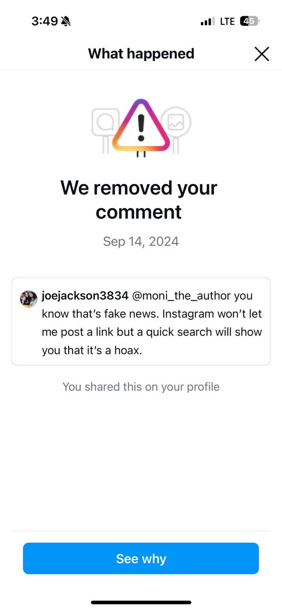 So a person can comment to me…

@joejackson3834 Trump went golfing after someone was killed at his rally.

But I can’t write this comment back without it being removed? Come on Instagram. Stop putting your thumb on the scale. #rigged #Censorship
