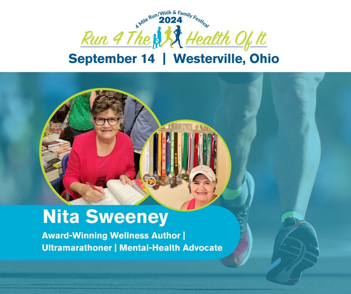 NitaSweeney's tweet image. Please join me this Saturday, September 13th at "4 The Health of It!" at the Westerville Sports Complex. I'll have books for sale, signing, and selfies! Be sure to register. bit.ly/4gbBOWV #runningevents #bookevents #mentalhealthrunner