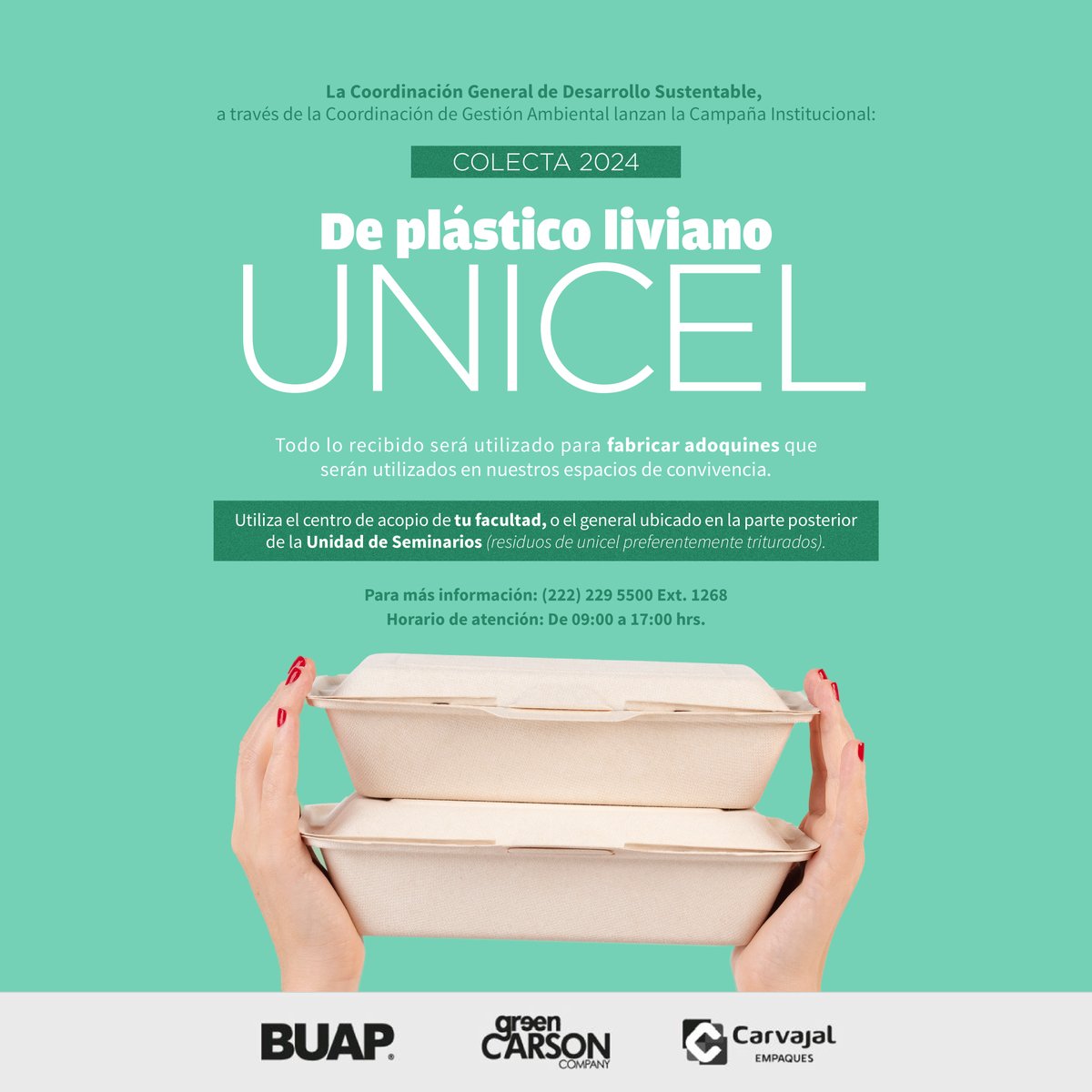 BUAPoficial's tweet photo. ♻️Colecta 2024 de plástico liviano UNICEL

Todo lo recibido será utilizado para fabricar adoquines que serán utilizados en nuestros espacios de convivencia.

📍Centro de acopio de tu facultad o el general, ubicado atrás de la Unidad de Seminarios.
Se recomienda llevarlo triturado https://t.co/R226mUz9RU