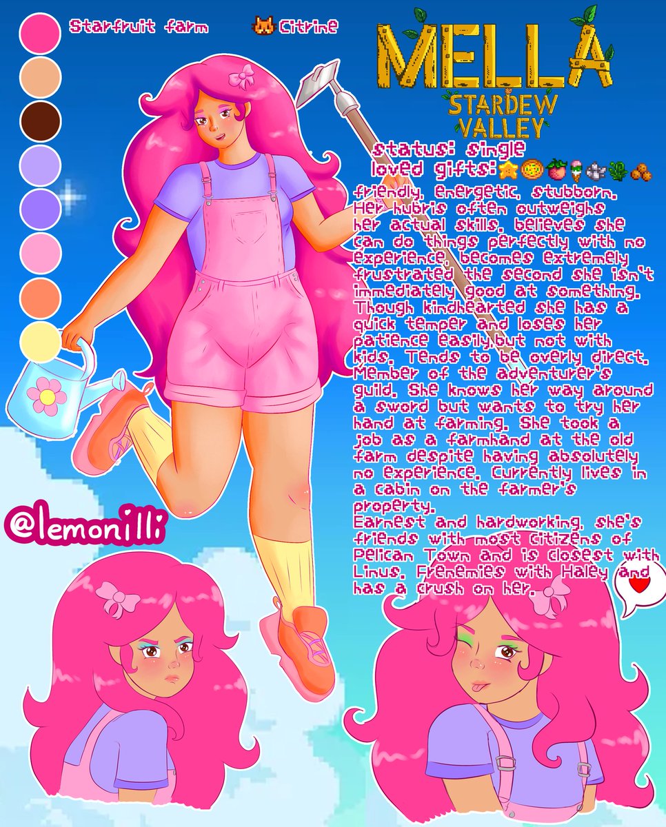 lemonilli's tweet image. my stardew valley character! I'm doing split screen co-op and she's a farm hand on the farm run by my sister's character 💛✨🌼 #StardewValley #oc #originalcharacter