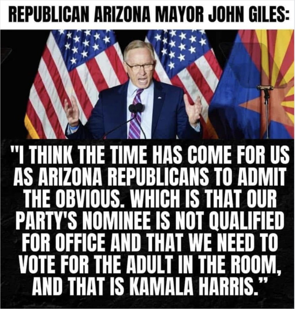 TheDemCoalition's tweet photo. "I’m standing with her. Kamala Harris is the competent, just and fair leader our country deserves. This year too much is at stake to vote Republican at the top of the ticket. It will take Arizona Republicans, independents and Democrats standing together against a far-right agenda. Let us put country over party by voting to stop Trump and protect our democracy." 

- Mesa, Arizona Mayor John Giles

Read more here: https://t.co/8mFHPhRMIy

#VoteHarrisWalz2024