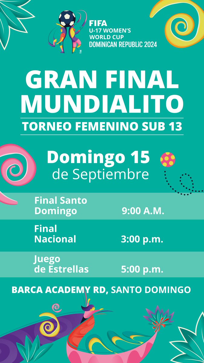 Acompáñanos este domingo el el Complejo del <a href="/BARCAAcademyRD/">Barça Academy RD</a> para disfrutar de un día de fútbol femenino. No te lo pierdas!!!
<a href="/fedofutbol/">Federación Dominicana De Fútbol 🇩🇴</a> <a href="/sedofutbol/">Selección Dominicana de Futbol</a> <a href="/AccionDeportRD/">Acción Deportiva</a> <a href="/betzaidaubri/">Betzaida Ubri Mateo</a> <a href="/BocioAngela/">Angela Bocio</a> <a href="/isairisrd/">isairis minaya</a> <a href="/FutbolTotalRD/">Futbol Total RD🇩🇴</a> <a href="/balompiedom/">Balompié Dominicano</a> <a href="/XCadalso/">Xavier Cadalso</a> <a href="/BennyMetz/">Benny Metz</a> <a href="/elyencarnacion/">Ely Encarnación</a>