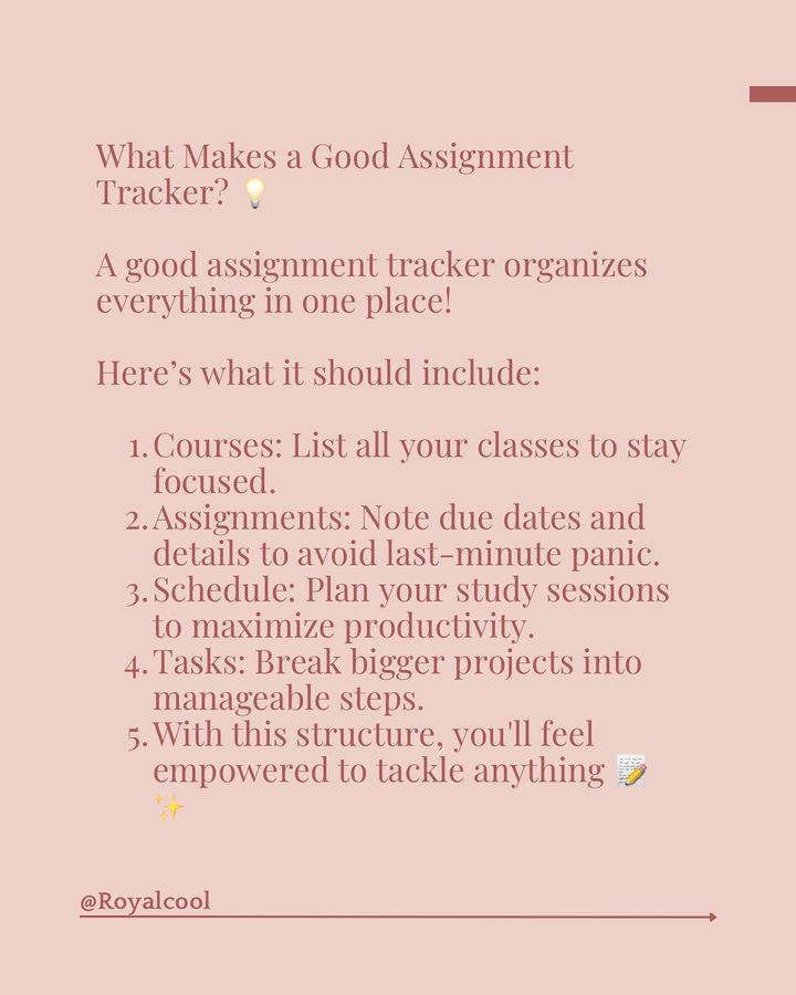 Royalcoool's tweet image. An assignment tracker could be your secret weapon!
By staying on top of your coursework, you can manage deadlines, reduce stress and boost your productivity.
Ready to transform your study routine?
Hit the link in my bio
#studyplanner #Assignmenttracker #notiontemplate