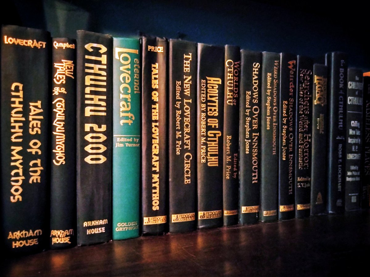 Weird_Friction's tweet image. Recently, I've started working my way through sharing/resharing each book on this shelf of hardcover Cthulhu Mythos anthologies. I'll be sharing one of the all-time classic Mythos anthologies, "Cthulhu 2000," soon.