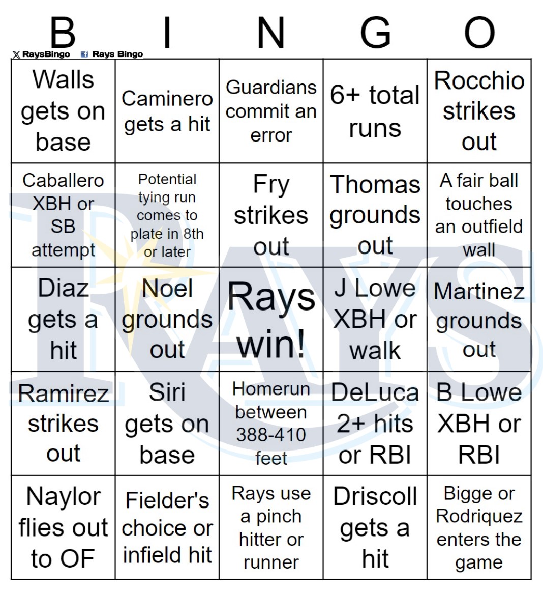 RaysBingo's tweet photo. Rays vs Guardians Bingo, 9/14/2024 https://t.co/WQaTvTL8pz