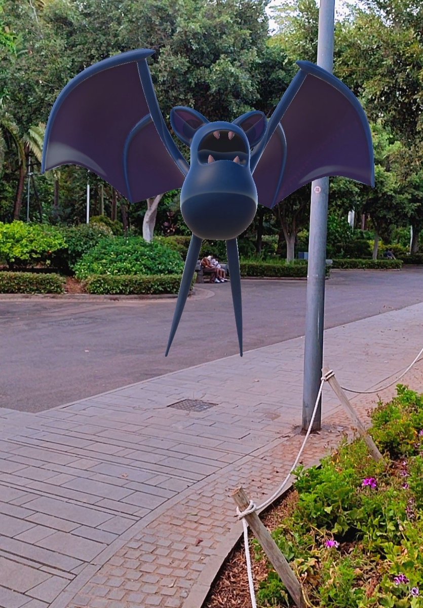 DaftDroid's tweet photo. Zubat serves as a reference to a blue bat. It has a short, round body, purple wings, and slim legs missing feet. Since it has no eyes, it generates sound waves (echolocation) to navigate.
#pokemonfanart #geolocated #spatialAR #pokemonZubat https://t.co/x6x9syq7ks