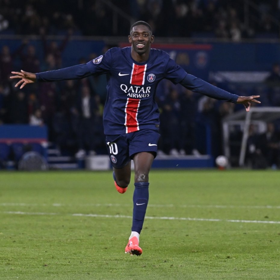 PSG_English's tweet photo. 42' - ⚽️
74' - ⚽️

@dembouz at the DOUBLE tonight 🥵

#PSGSB29 https://t.co/tov47PuQyR