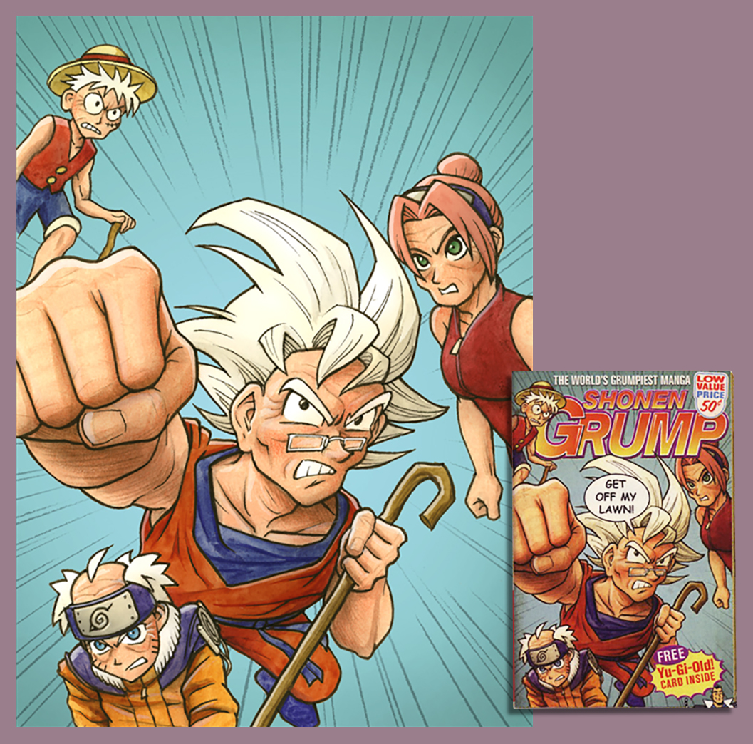 "Shonen Grump": An illustration I was hired to create for Nickelodeon Magazine. Below right is how it ended up looking when published. When I was a kid I loved collecting Wacky Packages, so this assignment was kind of a dream come true.
