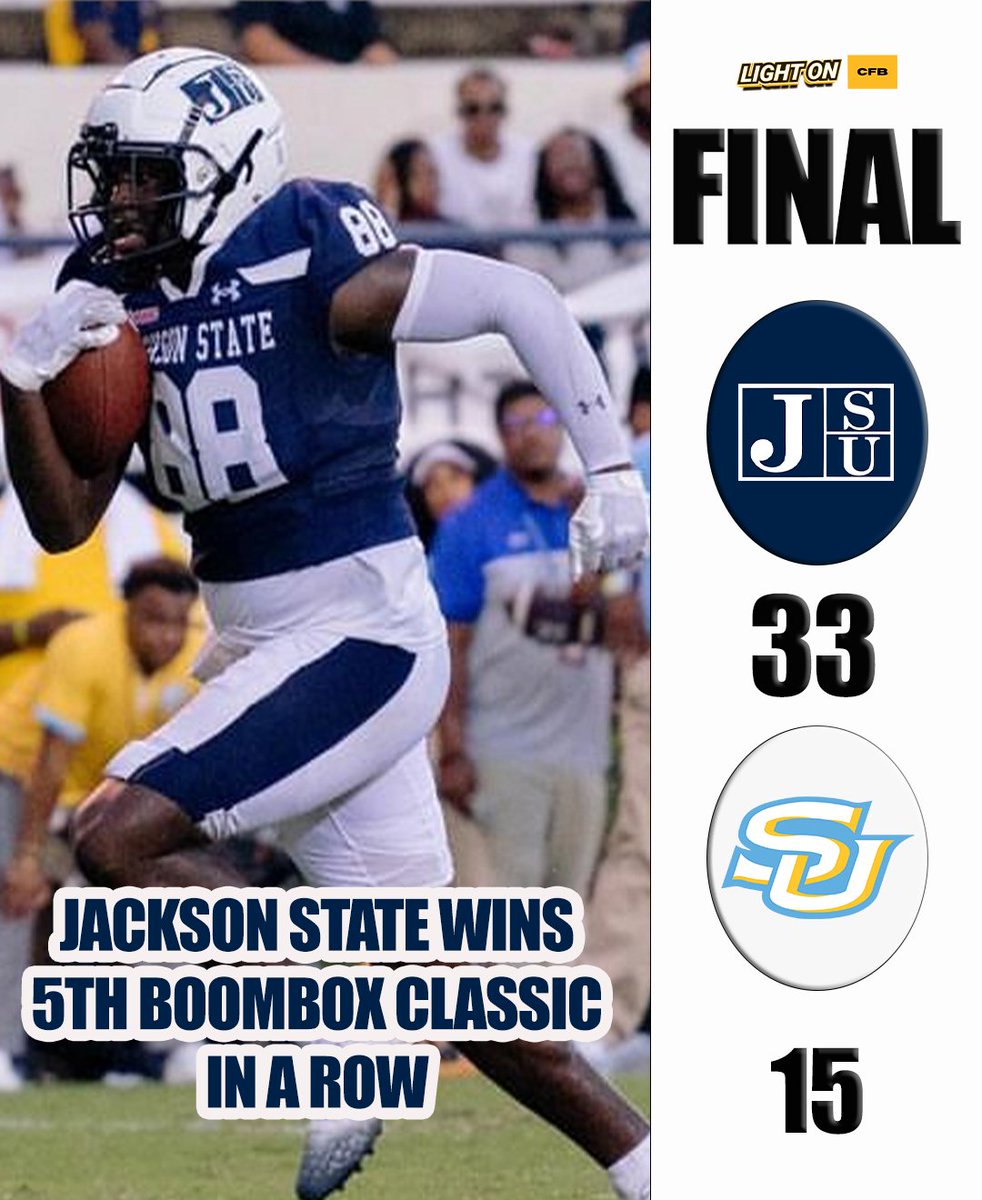 SWAC FINAL: JACKSON STATE WINS THEIR 5TH BOOMBOX CLASSIC IN A ROW OVER SOUTHERN 33-15 🐅🔥

#GuardTheeYard 

📷: <a href="/gojsutigersfb/">Jackson State Football</a>