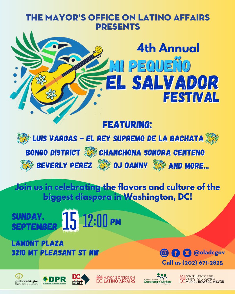 ¡Falta solo 1 día para disfrutar de “Mi Pequeño El Salvador”! 🇸🇻🎉 Este 15 de septiembre, celebra la independencia salvadoreña con un espectáculo increíble en Lamont Plaza @ 12m. ENTRADA LIBRE

¡Un día lleno de música, cultura y alegría salvadoreña! ¡Nos vemos allí! 🎶✨