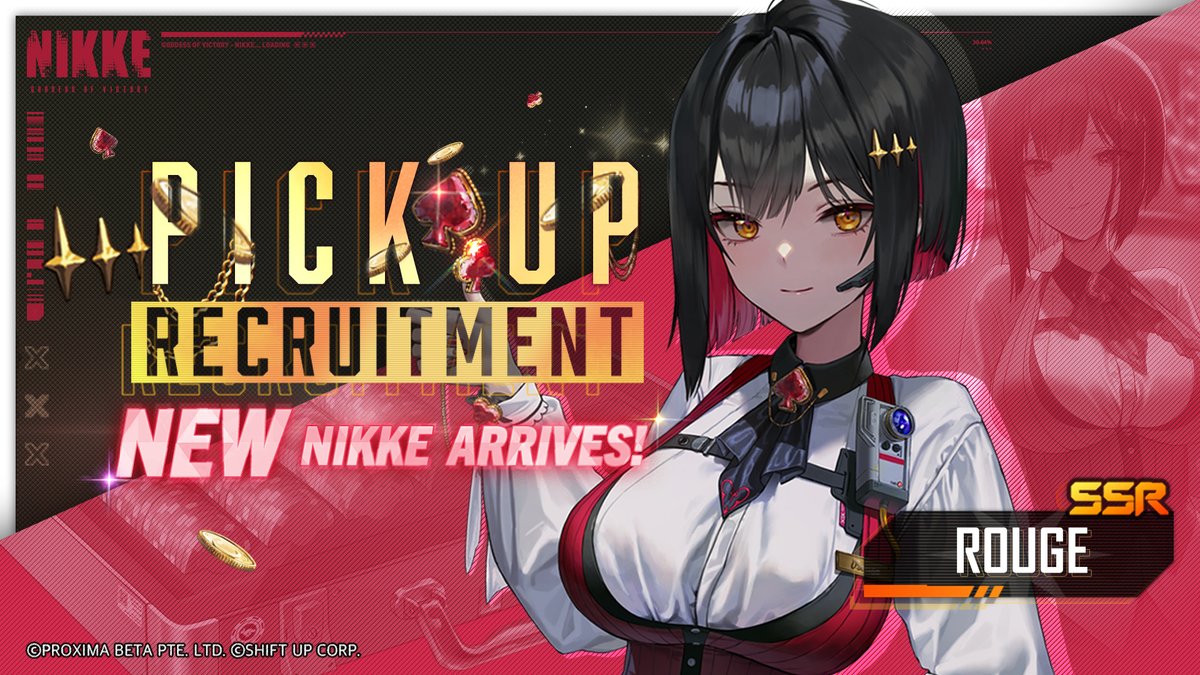NIKKE_en's tweet photo. 【Pick Up Recruitment Notice】

「Rouge」 Pick Up recruitment is coming soon~

「Rouge」 Pick Up recruitment begins simultaneously!

Stay tuned!

#NIKKE
#Rouge https://t.co/MCkJoaf9Yg