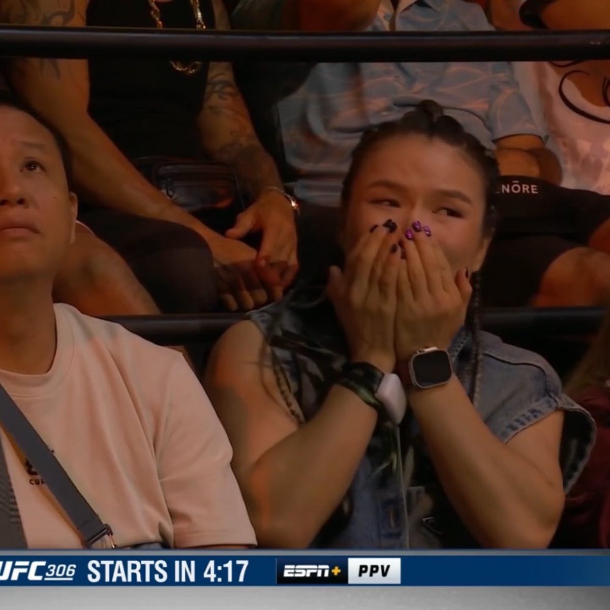 ConOfCombat's tweet photo. Weili’s reaction to the cut 😭 #UFC306 https://t.co/8P79aDwPij
