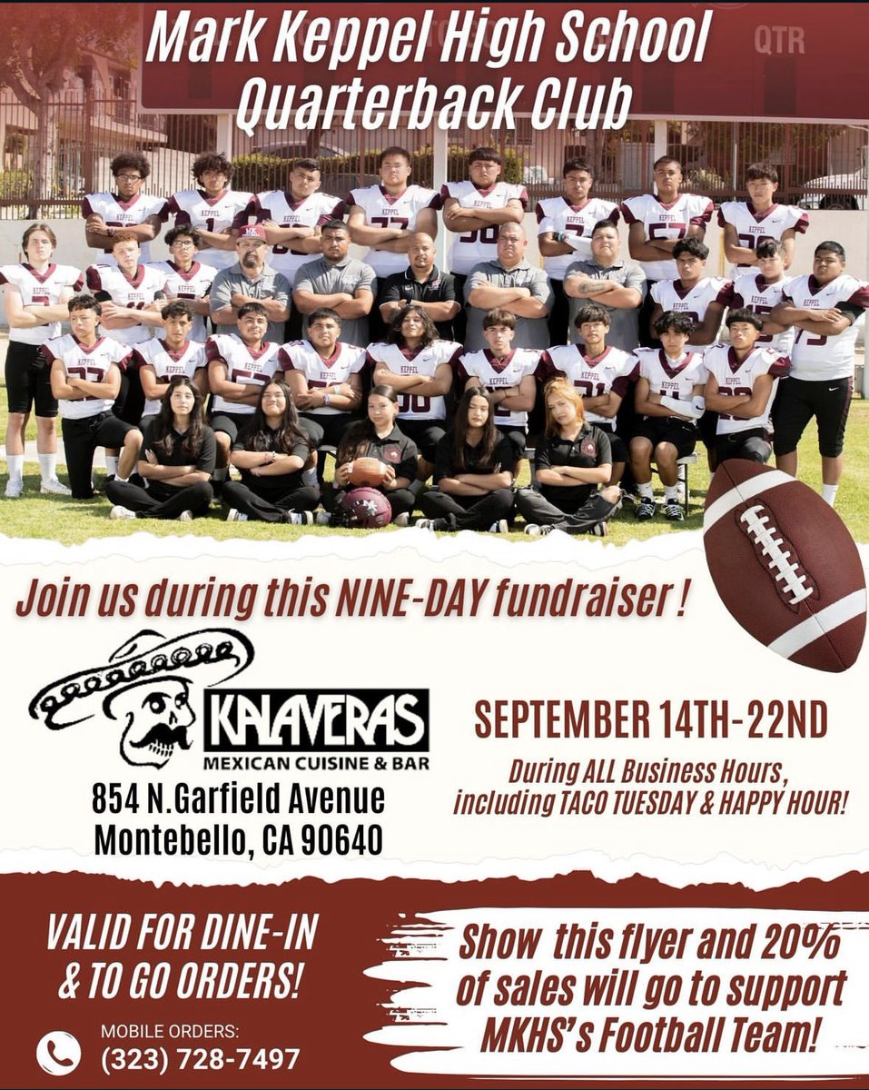 Come out and support the Aztecs football program. Kalaveras fundraiser in Montebello is from Saturday Sep 14 - Sunday Sep 22. Show the flyer and our team receives 20%. Go enjoy a some good food and show support to our team. Good for dine in or take out orders! Spread word.