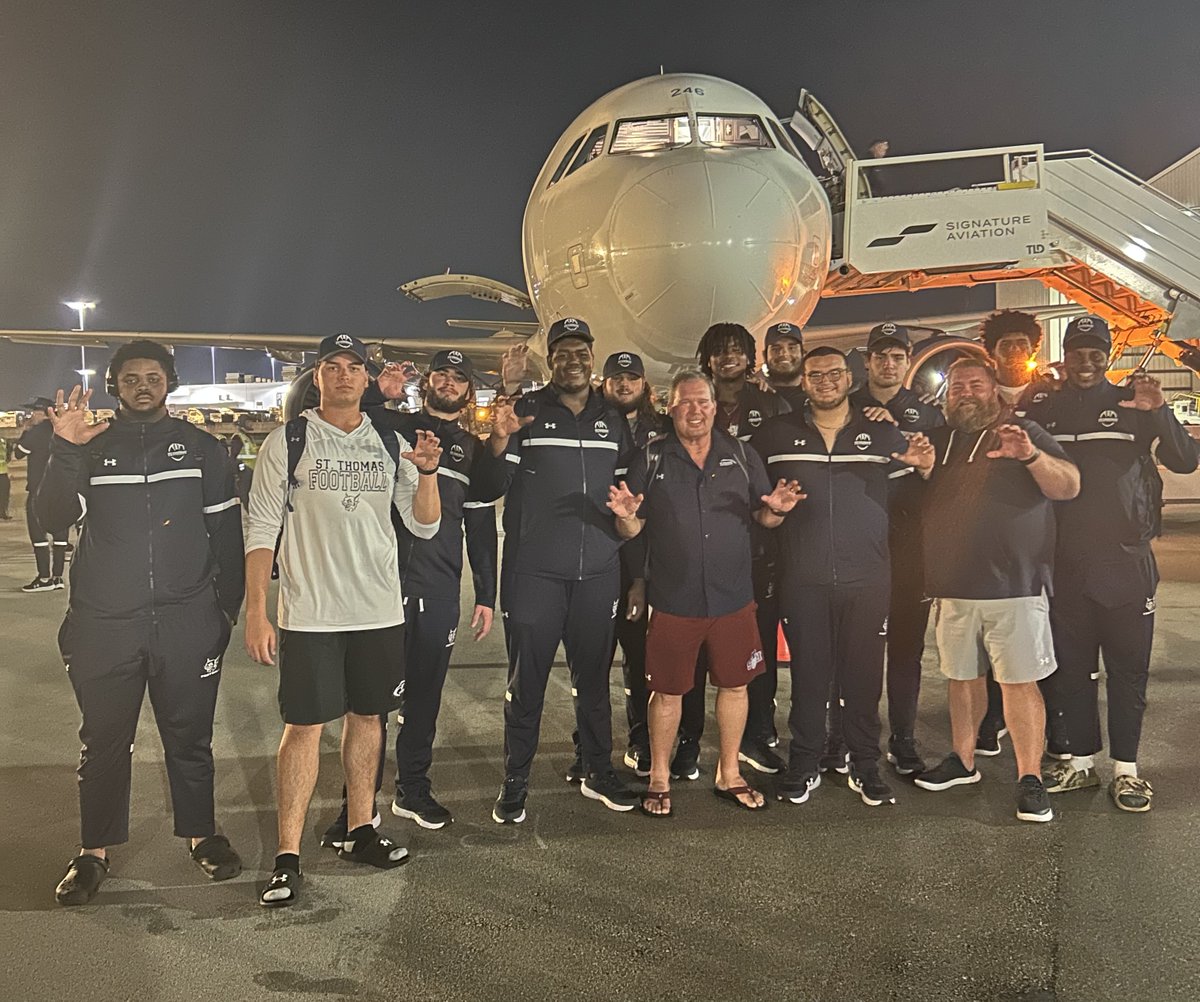 STUPrez's tweet photo. Delayed St. Thomas University @STU_Football Victory #OLinePic ! Thx to #STUPartner Allegiant for the ride home after the #10 #STUBobcats win over #8 St Xavier NAIA Football The Sun Conference https://t.co/NbHqQ4myOy