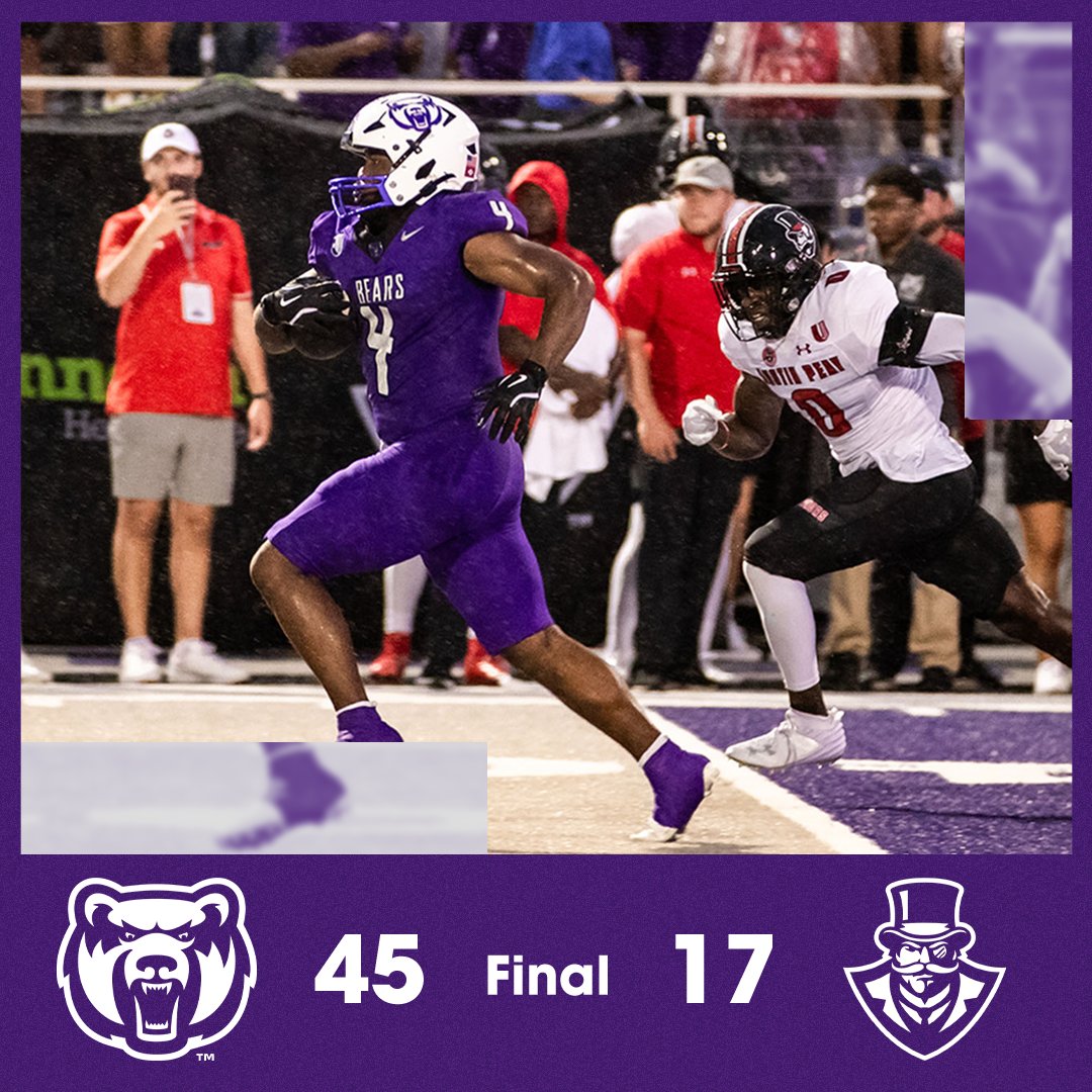 BEARS WIN!!! UCA beats APSU 45-17 in home &amp; UAC opener. Powell &amp; Hale combine for 318 rushing yards and 4 TDs. UCA defense holds APSU to 332 total yards. #BearClawsUp x #FearTheStripes