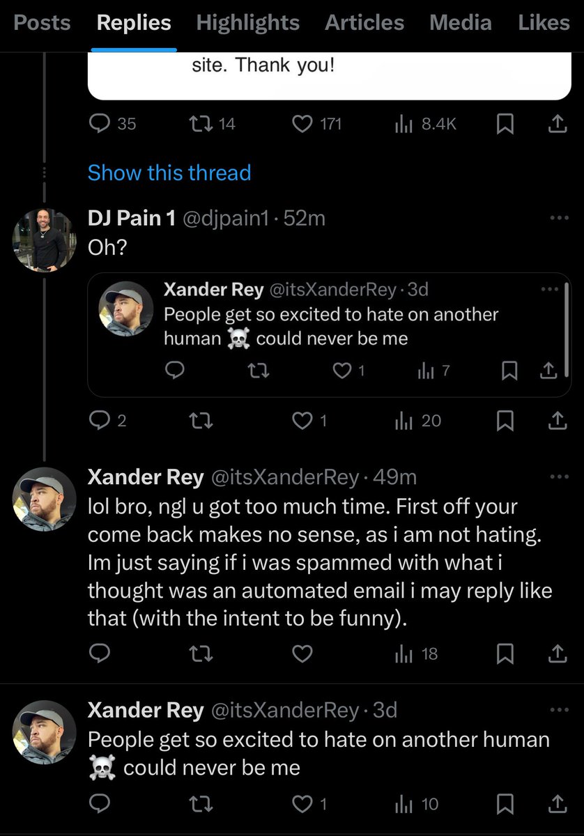 itsXanderRey's tweet photo. @djpain1 @BCbgate idk where my actual reply is which you can see here but i dont have the time nor care to make a fake account to talk shit. But he is correct, why u so sensitive and now who’s calling who a bitch? lmao make it make sense bro https://t.co/s33NF3AFTM