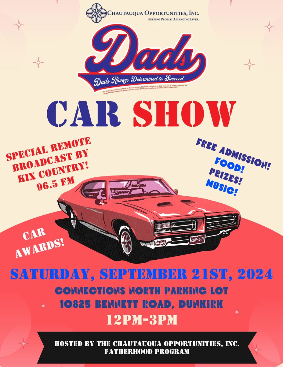 chautopp's tweet photo. Join us September 21st, at our 3rd annual Dads-sponsored Car Show!  Come on over to 10825 Bennett Road in Dunkirk, where there will be food, prizes, music, and awesome cars to look at!  Make sure you stop and talk to our staff to learn more about the 24/7 Dad Fatherhood Program! https://t.co/WYW9LXiQKj