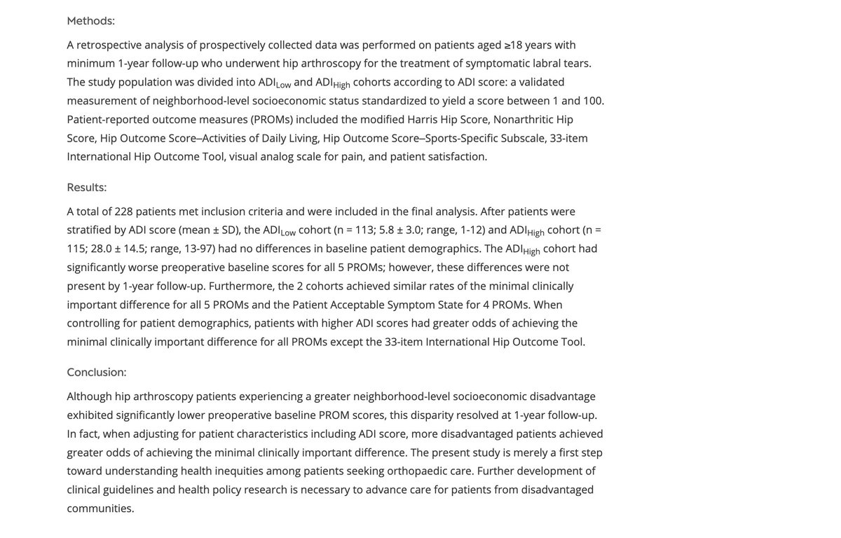 New paper in the American Journal of Sports Medicine <a href="/aossmjournals/">AOSSM Journals</a> from our team <a href="/MassGenBrigham/">Mass General Brigham</a> led by Jonathan Lee looking at the relationship between neighborhood-level socioeconomic status and functional outcomes after hip arthroscopy. Phenomenal work, Jonathan!!