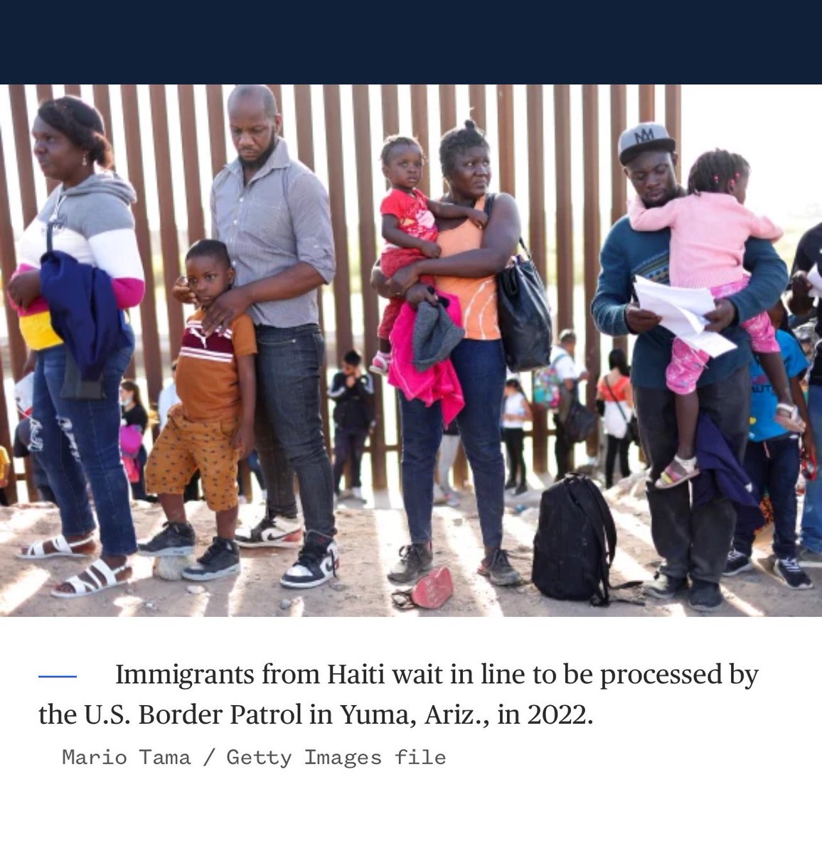 This photo shows Haitians waiting at OUR BORDER to be processed in. We have no border with Haiti OBVIOUSLY as it is an island in the Caribbean. WHO flies them to Mexico? WHO transports them to the U.S./Mexico border? Here it’s Arizona. That’s a LONG journey. How do kids make it?
