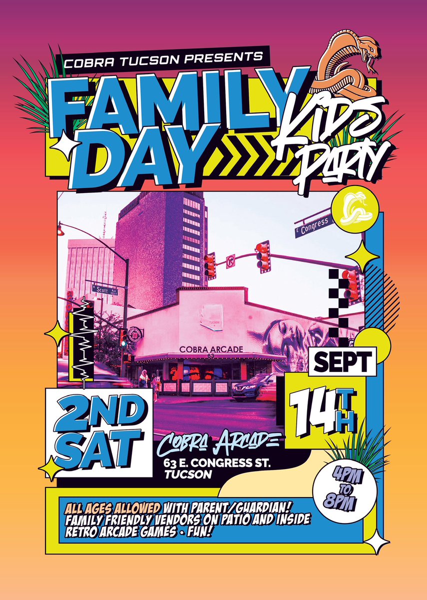 ‼️‼️Family Day starts today at 4pm don’t miss out !!! ‼️‼️

Come down to <a href="/CobraArcadeBar/">Cobra Arcade Bar</a> in Tucson !!! 

✨ All ages with a Parent/Guardian 
🌭 Family Friendly Vendors 
🎟️ Arcade Games 

#downtown #downtowntucson #Tucson #WeekendPlans #weekend #family #arcade #arcadegames