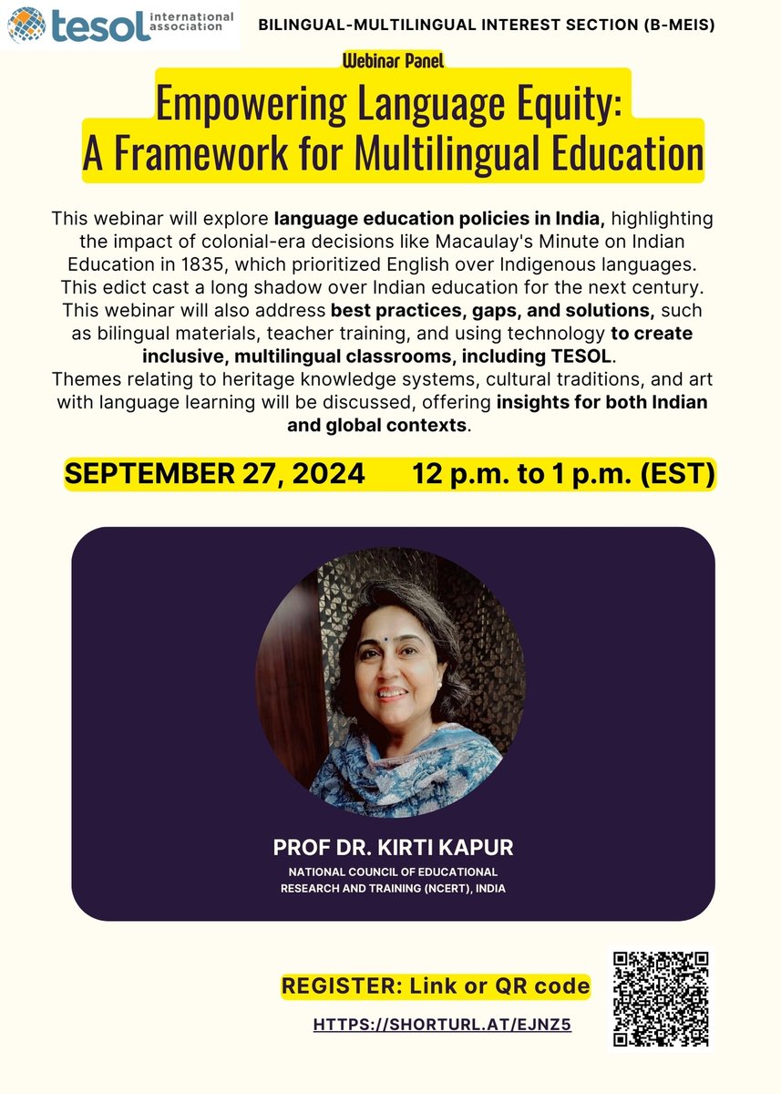 TESOLBiMulti's tweet image. B-MEIS Webinar: Empowering Language Equity: A Framework for Multilingual Education.
Presenter: Prof. Dr. Kirti Kapur.
🗓️September 27, 12pm-1pm (EST). Online.
Don't miss it!
my.tesol.org/networks/event…
Register for Zoom link: members.tesol.org/events/event-d…
