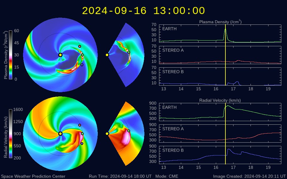 _SpaceWeather_'s tweet photo. Today's X4.5 solar flare from sunspot region 3825 was highly eruptive. A fast coronal mass ejection was launched and the bulk of it is heading east of our planet, but there is a faint full halo outline visible on LASCO coronagraph imagery. We expect a glancing blow during the second half of 16 September (Monday) with solar wind speeds between 700km/s and 800km/s at arrival. A strong G3 geomagnetic storm watch is in effect on Monday, 16 September.