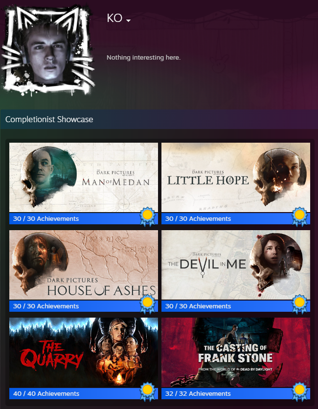 washthoj's tweet photo. Just completed The Casting of Frank Stone Achievements last night so here's an updated showcase. I'm proud of it but I honestly have too much free time. 😅#TheDarkPicturesAnthology #TheCastingOfFrankStone https://t.co/mlgSUqgAPk