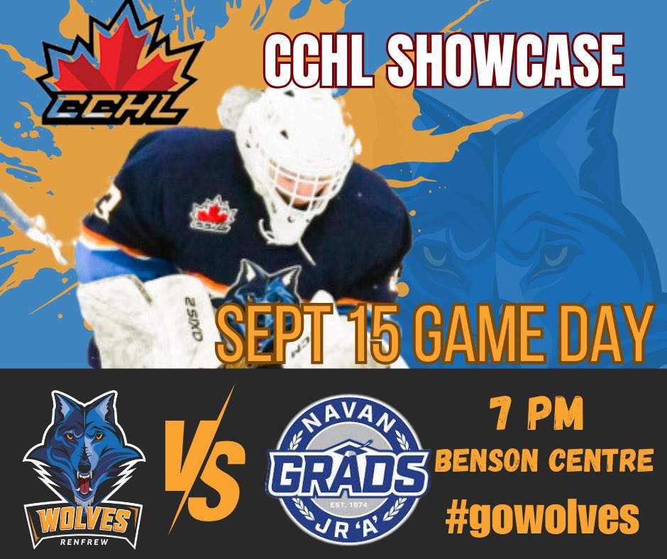 Get ready for tomorrow night! The Renfrew Wolves take on the Navan Grads at 7 PM on **September 15th** at the Benson Centre during the CCHL Showcase. Can't be there in person? Watch live on **FloTV** or listen on **96.1 FM**. 

Let's go Wolves! #GoWolves #CCHLShowcase #Sept15