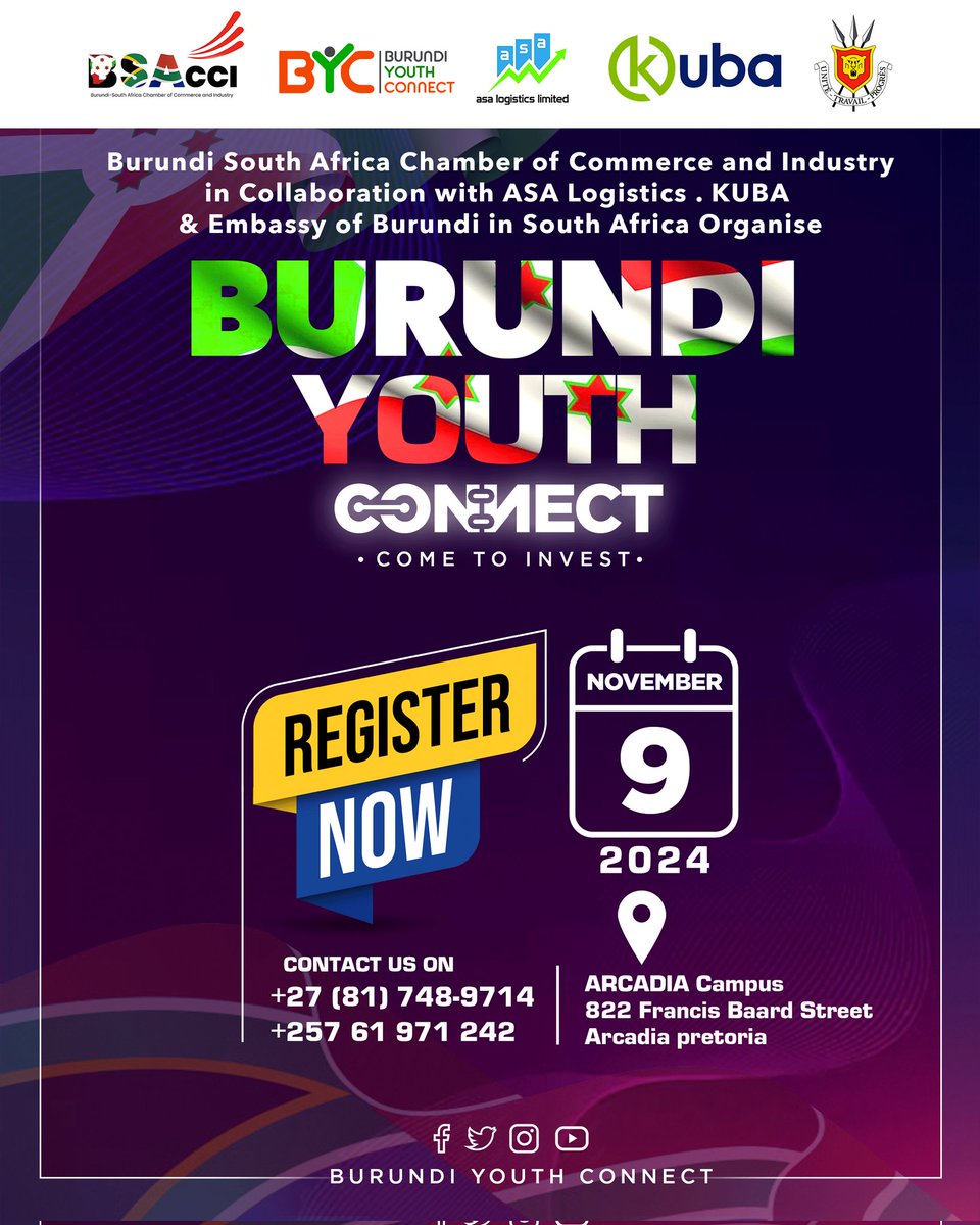 Burundi Youth Connect🇧🇮💡 (@bconnect52210) on Twitter photo We're excited to announce the *Burundi Youth Connect* event hosted by BSACCI and the Burundi Embassy in South Africa on November 9th in Pretoria!🌍
Registration:
burundi-youth-connect.ksquad.dev
<a href="/serysson2004/">Sereine M Nkuye (SM Consultation et Services)</a> <a href="/ChambreCom/">Chambre de Com.& de l’industrie Burundo-Canadienne</a> <a href="/ChamberBSACCI/">BURUNDI SOUTH AFRICA CHAMBER OF COMMERCE &INDUSTRY</a> <a href="/NtareHouse/">Ntare Rushatsi House</a> We're excited to announce the *Burundi Youth Connect* event hosted by BSACCI and the Burundi Embassy in South Africa on November 9th in Pretoria!🌍
Registration:
burundi-youth-connect.ksquad.dev
<a href="/serysson2004/">Sereine M Nkuye (SM Consultation et Services)</a> <a href="/ChambreCom/">Chambre de Com.& de l’industrie Burundo-Canadienne</a> <a href="/ChamberBSACCI/">BURUNDI SOUTH AFRICA CHAMBER OF COMMERCE &INDUSTRY</a> <a href="/NtareHouse/">Ntare Rushatsi House</a>