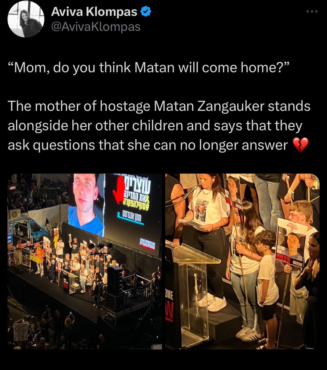 That is not Matan Zangauker <a href="/AvivaKlompas/">Aviva Klompas</a> 

Not only did she block us. She can’t even get the hostages families names right.