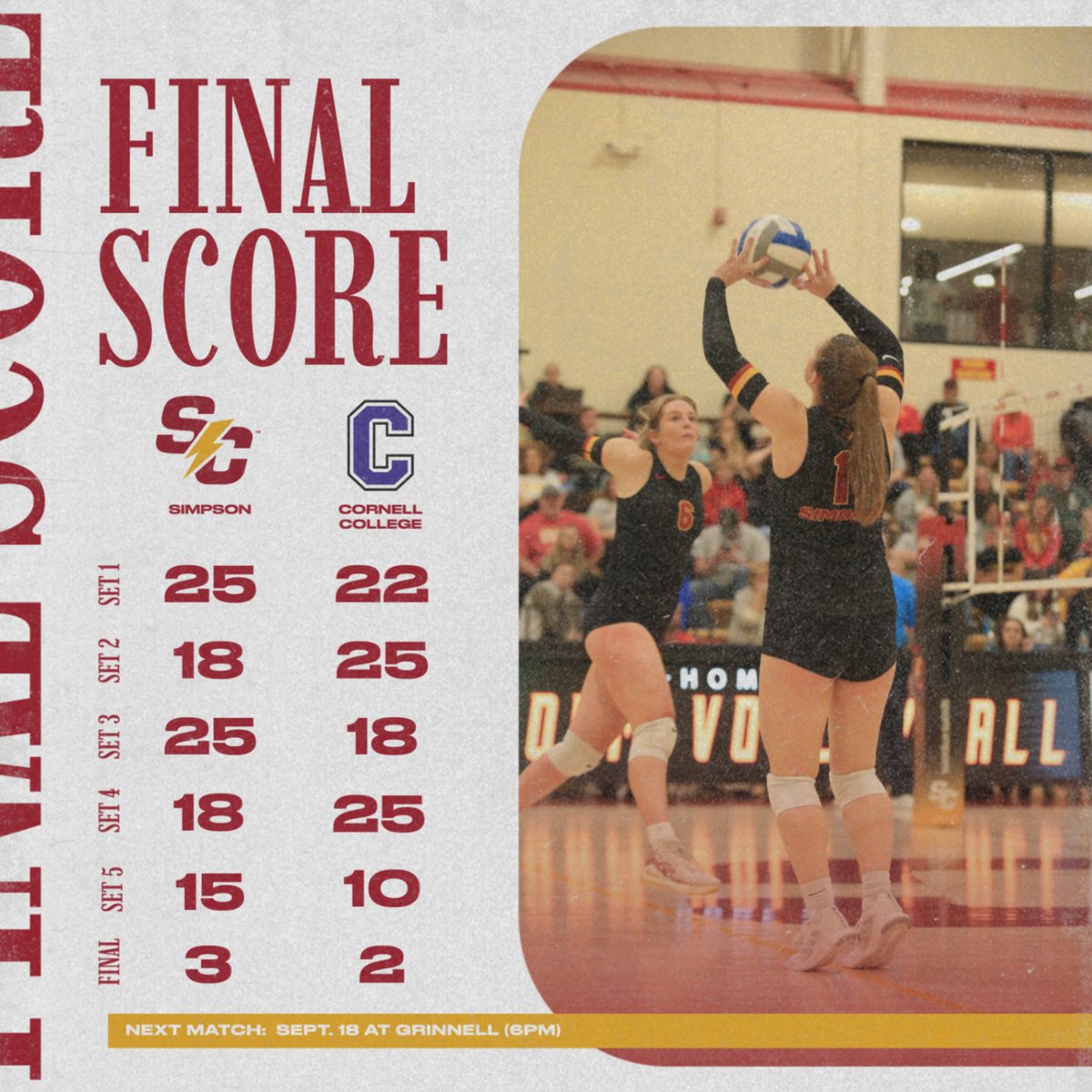 SimpsonVB's tweet image. Win for the Storm! 

We picked up another road victory today against Cornell College in five sets!

Standouts: 

E. Williams: 20 kills, 8 digs, 3 aces
A. Behrens: 28 assists, 6 aces
E. Seiler: 16 kills, 7 block assists

🔗linktr.ee/simpsonwvolley…

#rollriversvb #d3vb