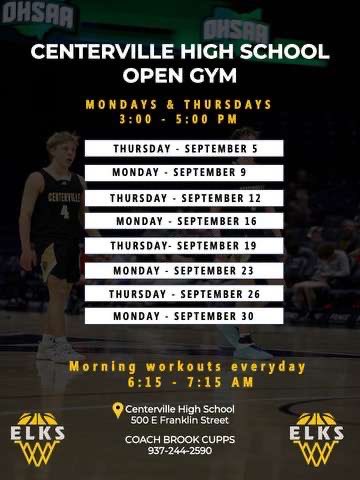 Cohen Ellis (@cohenellis10) on Twitter photo My open gym schedule for the rest of September! <a href="/ElksBasketball/">Centerville Boys Basketball</a> <a href="/brookcupps/">Brook Cupps</a> <a href="/MiddieDK/">Dustin Kavanaugh</a> My open gym schedule for the rest of September! <a href="/ElksBasketball/">Centerville Boys Basketball</a> <a href="/brookcupps/">Brook Cupps</a> <a href="/MiddieDK/">Dustin Kavanaugh</a>