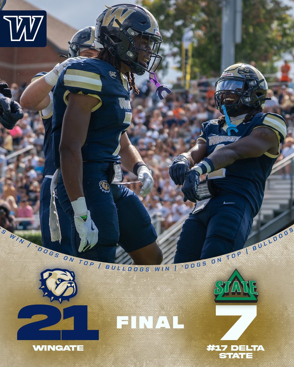 Wingate Bulldogs (@wu_bulldogs) on Twitter photo BULLDOGS WIN!!!!!
<a href="/WingateFb/">Wingate Bulldogs Football</a> takes down #17 Delta State 21-7!!
Bentley threw for 183 yards & a TD; Siemer & Barnett combined for 111 rushing yards!
Best piled up 13 tackles with 2.5 tackles for loss; Fleming had 3 tackles for loss with 2.5 sacks!
#OneDog BULLDOGS WIN!!!!!
<a href="/WingateFb/">Wingate Bulldogs Football</a> takes down #17 Delta State 21-7!!
Bentley threw for 183 yards & a TD; Siemer & Barnett combined for 111 rushing yards!
Best piled up 13 tackles with 2.5 tackles for loss; Fleming had 3 tackles for loss with 2.5 sacks!
#OneDog