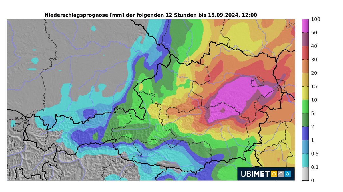 In den vergangenen 12 Stunden gab es v.a. im Tullnerfeld anhaltend starke Regenraten (stehende Windkonvergenz), in Langenlebarn wurden 136 mm gemessen. Bis Sonntagmittag kommt noch einiges dazu, dann ist eine längere Pause in Sicht bzw das Gröbste überstanden.