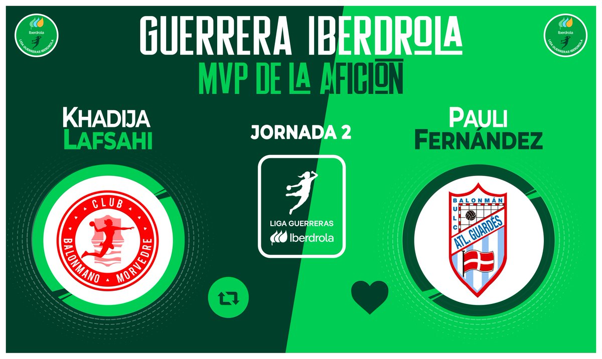 ⭐ ¡Vota para elegir a la #GuerreraIberdrola de la Jornada 2⃣ en la #LigaGuerrerasIberdrola!

🆚 <a href="/BMMorvedre/">#vamosMorvedre🖤♥️</a> : @Atlguardes_ofic

♻️ RT: Khadija Lafsahi
❤️ Me gusta: <a href="/fernandez14_pau/">Paula Fernández</a>

#SheLovesHandball