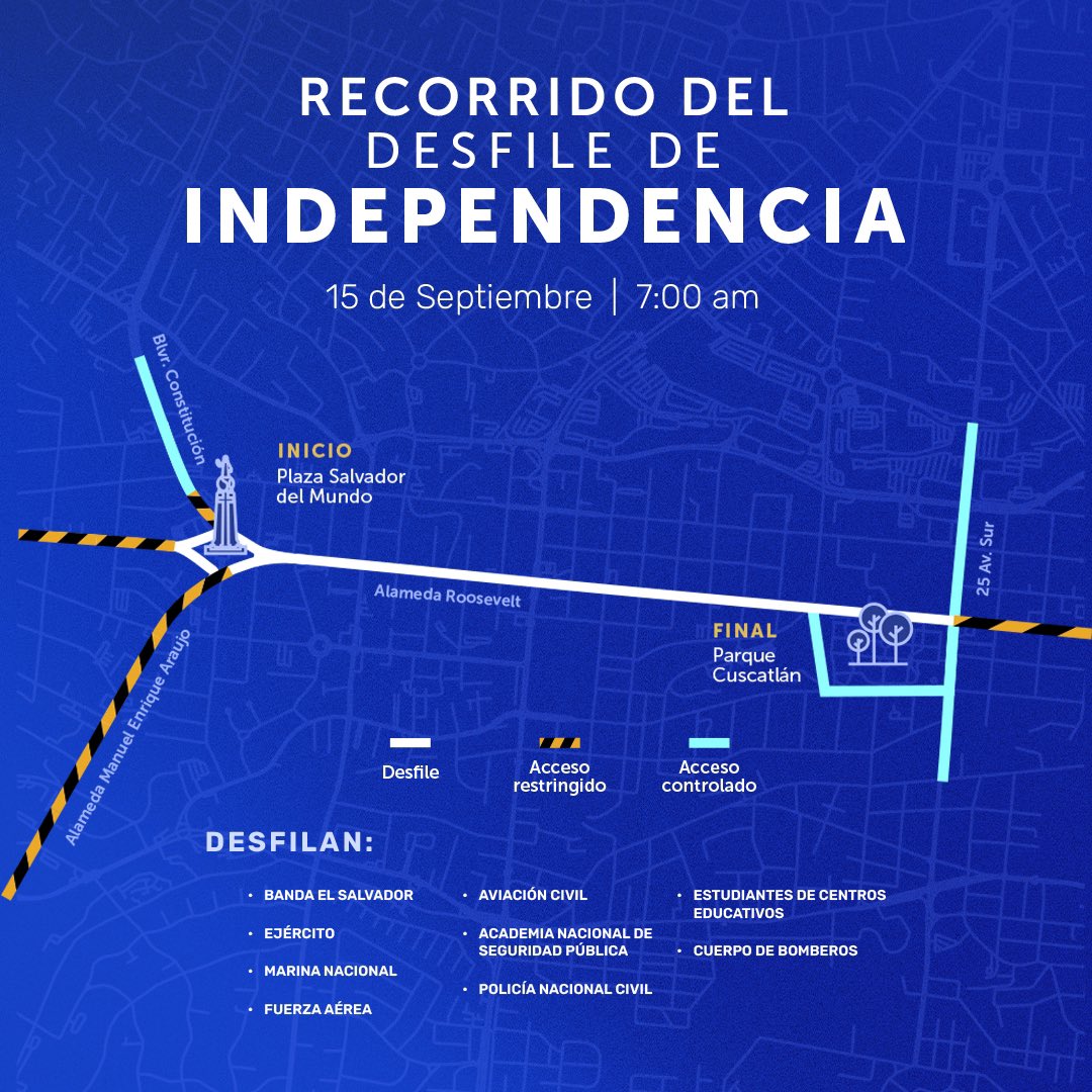 Gobierno_SV's tweet photo. Este 15 de septiembre, caminamos juntos en honor a la patria y a nuestros héroes. 🇸🇻

¡Conoce el recorrido del desfile y acompáñanos en esta gran celebración de independencia! 🕊️ https://t.co/5rmI4uMpaR