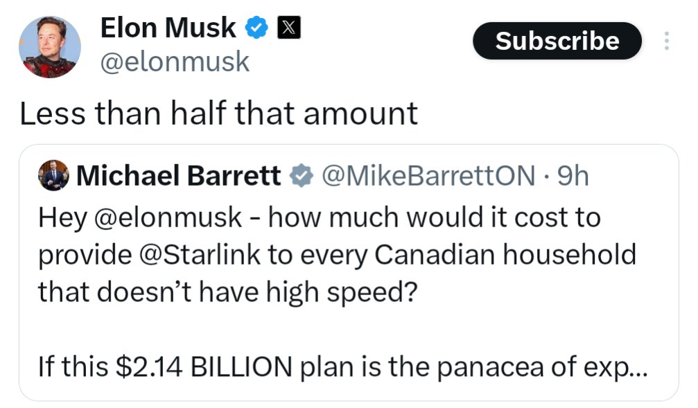 The cost to provide every single Canadian with high speed internet 

Trudeau government contract cost: $2,140,000,000

Elon Musk's Starlink cost: under $1,000,000,000

We are being completely ROBBED by Trudeau's government and Elon Musk just exposed it