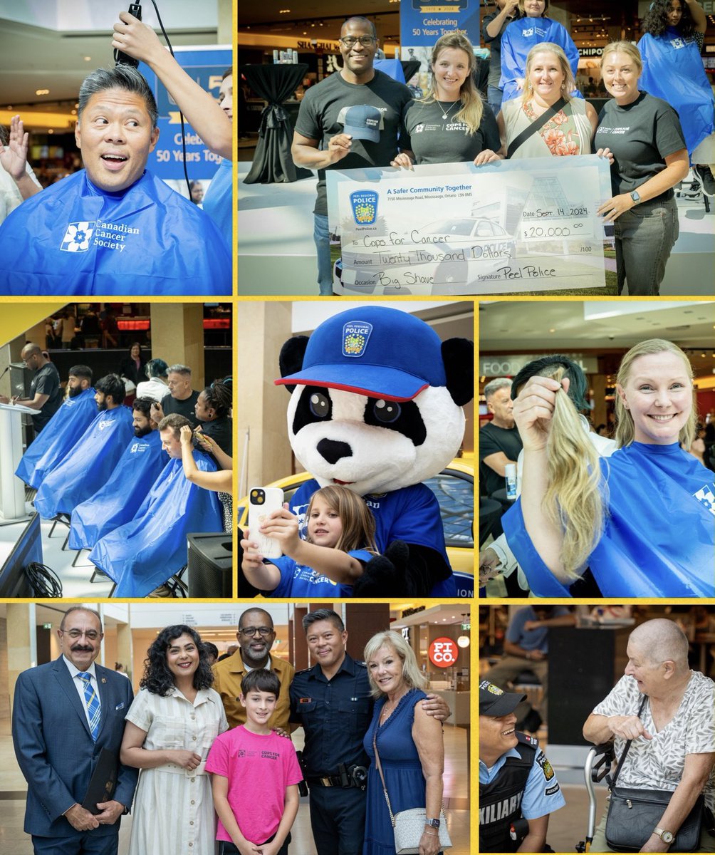 PeelPolice's tweet photo. The 2024 Cops for Cancer Big Shave was an astounding success!!

Thank you to all of our generous sponsors, @Squareone &amp; the Canadian Cancer Society for helping us raise $20,000.00!!

And of course, thank you to all who braved new hairdos to support an amazing cause. 
#PRPEvent https://t.co/WcHEwpIXpK
