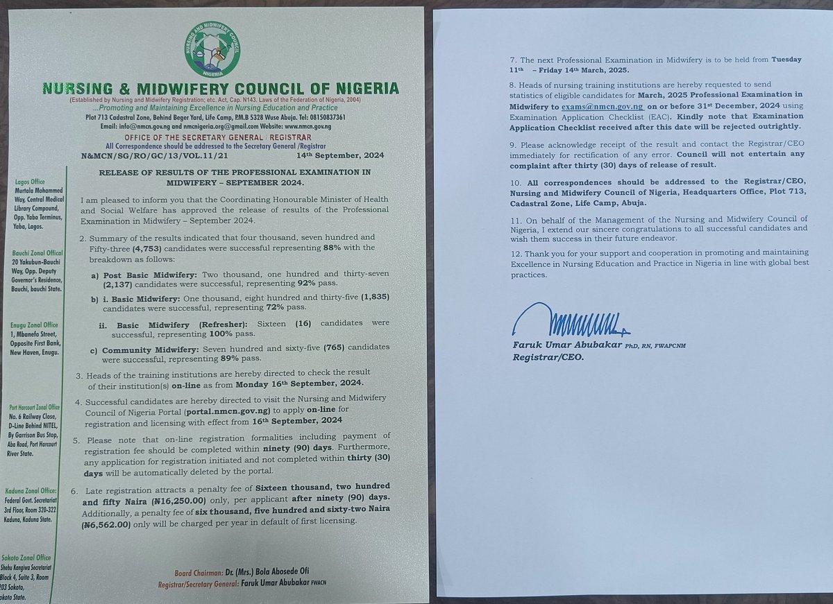 Breaking News! 
September 2024 Professional Examination in Midwifery Results has been released. 
Congratulations to all newly qualified midwives.