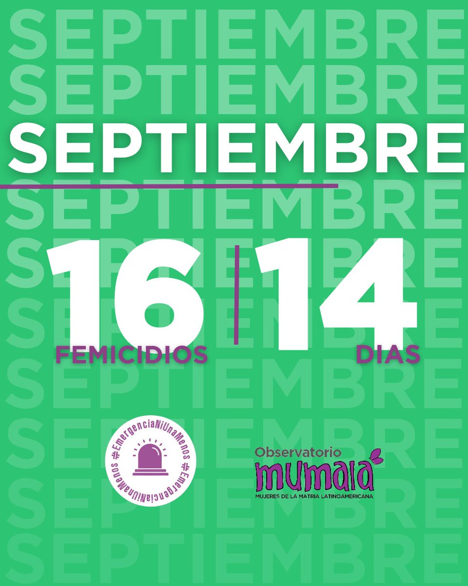 📣 En los 14 días que van del mes de septiembre ya registramos 16 femicidios a nivel nacional, un femicidio cada 21 horas en nuestro país.