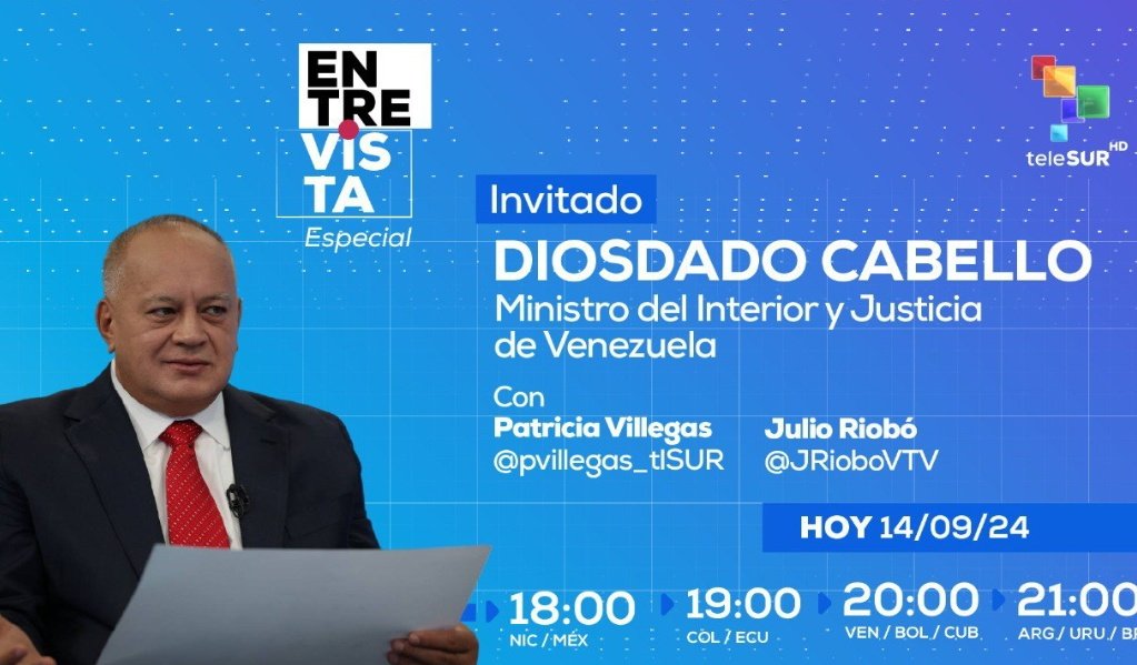 Entrevista especial al Ministro del Interior y Justicia de Venezuela, Diosdado Cabello. Conducido por Patricia Villegas <a href="/pvillegas_tlSUR/">Patricia Villegas Marin</a>, a través de nuestro multimedio. Te comparto los horarios 👇
