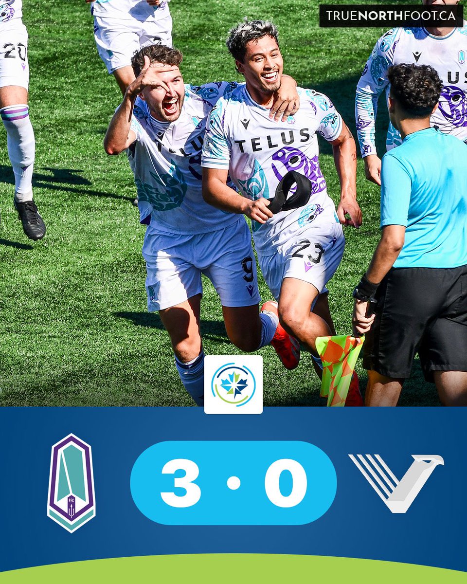 truenorthfoot's tweet photo. PACIFIC TRASH VANCOUVER AND GET CLOSER TO THE PLAYOFF LINE ✅🔱

The Tridents defeated the Eagles with a big 3-0 victory, tying today’s rivals on points (26 each) in the race for a spot in the post-season. The goals? Dario Zanatta with a brace, and Moses Dyer against his former side. #CanPL 

📸 Sheldon Mack