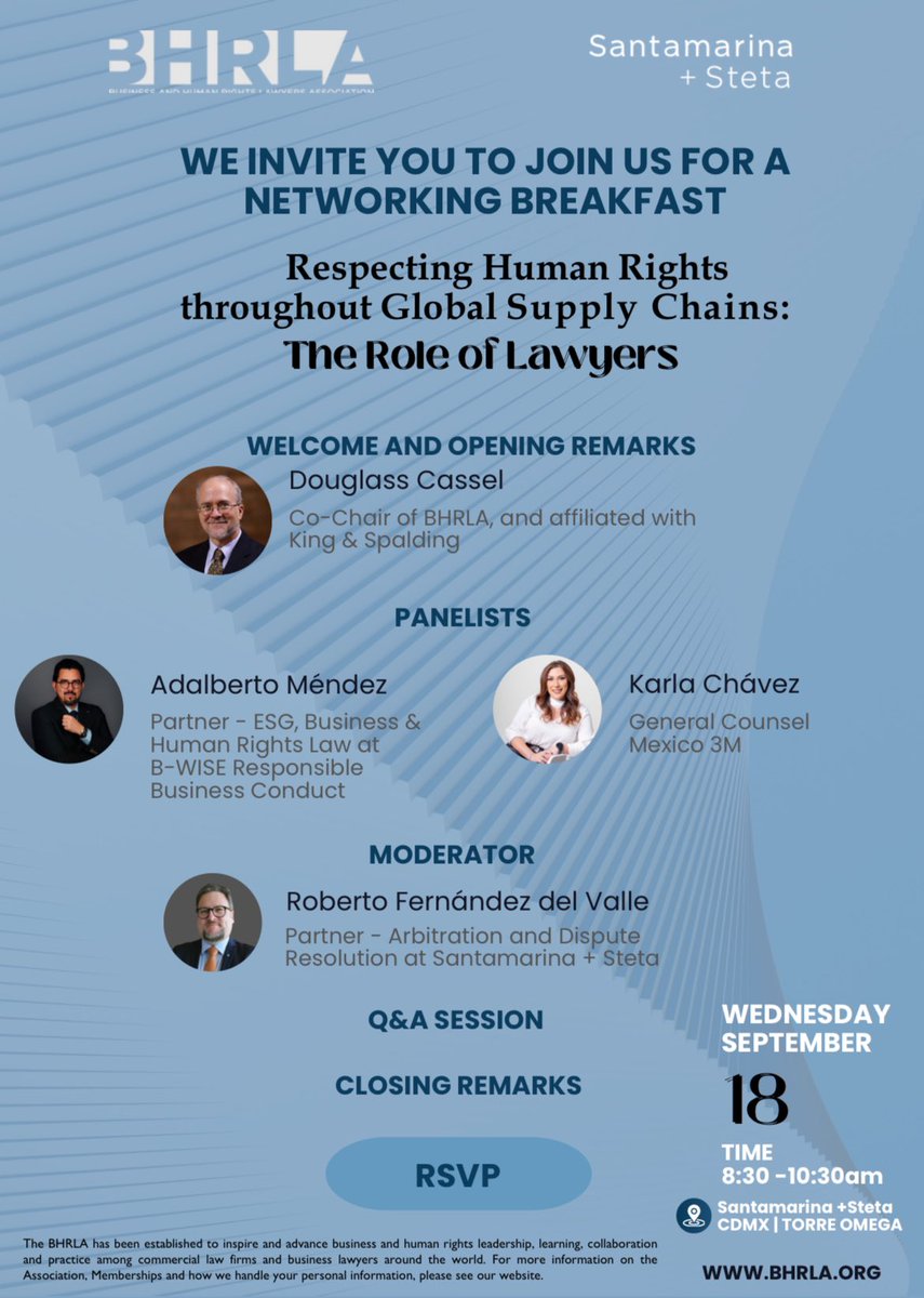 Esta semana, nuestro socio <a href="/ADALSAMMA/">Adalberto Méndez López</a>, estará con la Business &amp; Human Rights Lawyers Association #BHRLA, hablando sobre #Empresas y #DDHH, en el contexto de las Cadenas de Suministro Globales. Estará en el panel Karla Mireles, GC de Latam de #3M, cliente de nuestra firma #BWISE