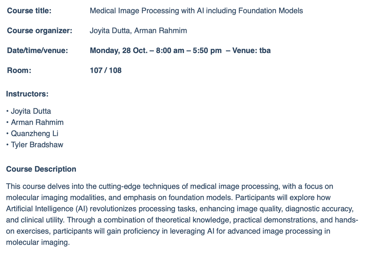 Joyita Dutta (@joyitadutta) on Twitter photo 🚨 Exciting news! 🚨 Our short course titled “Medical Image Processing with AI including Foundation Models” is live on the IEEE MIC 2024 website. Thrilled to organize this with <a href="/ArmanRahmim/">Arman Rahmim</a> and co-teach with <a href="/TyBradshaw11/">Tyler Bradshaw, PhD</a>, <a href="/FereshtehRizi/">FereshtehRizi</a>, Quanzheng Li, & Shadab Ahamed. 🚨 Exciting news! 🚨 Our short course titled “Medical Image Processing with AI including Foundation Models” is live on the IEEE MIC 2024 website. Thrilled to organize this with <a href="/ArmanRahmim/">Arman Rahmim</a> and co-teach with <a href="/TyBradshaw11/">Tyler Bradshaw, PhD</a>, <a href="/FereshtehRizi/">FereshtehRizi</a>, Quanzheng Li, & Shadab Ahamed.