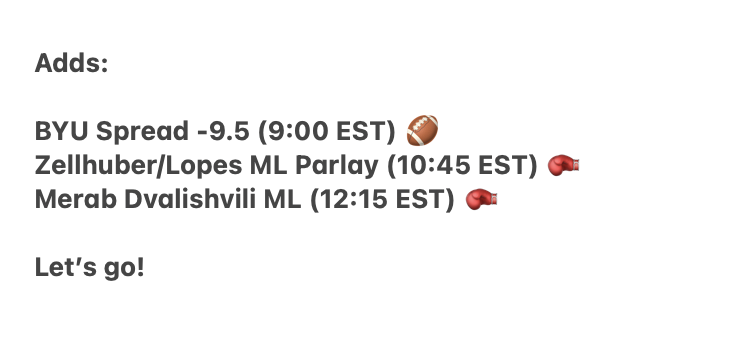 BetKyleCovers's tweet photo. 🚨FREE PLAYS🚨

🔥351-229 FP Record🔥

BYU Spread -9.5 (9:00)🏈
Zellhuber/Lopes ML Parlay +137 (10:45)🥊
Merab Dvalishvili ML (12:15)🥊

Let's go for 3 tonight! 👊

⭐️ 5 People who like this post will get tomorrow's NFL card including a 3 UNIT BIG BOY 🐳🐳 ⭐️ https://t.co/Wgz8A805N2