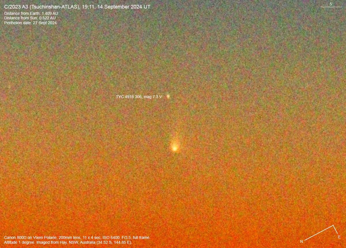 Comet C/2023 A3 (Tsuchinshan-ATLAS) is getting brighter!
This morning, 15 September 2024 (14 Sept UT). Nice clear skies today and the tail is clearer. Courtesy Rob Kaufman.