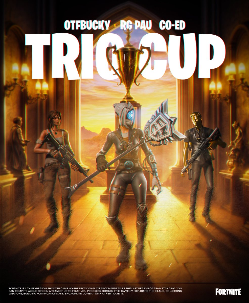 <a href="/OTFBucky/">Bucky</a> x <a href="/stfupauu/">pau</a> CO-ED TRIO CUP

Saturday September 28th @ 7PM EST

Prize pool = $500

Each trio must consist of 2 guys 1 girl (only 1 pro per trio, 2nd guy cannot have Qual'd to FNCS grands ever)

Reply w/ your trio, ❤️+ ♻️&amp; follow @RepulseGamingGG to be invited