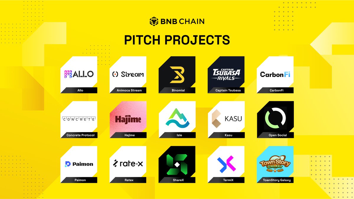 BNBCHAIN's tweet photo. We have a great line up of projects ready to pitch at BNB Chain Incubation Alliance (BIA)! 🤩

Watch them pitch live in Singapore at #Token2049, register below 👇
🔗  https://t.co/7PIHiXdEmj

Also be sure to check out our VC & Alliance partners and our amazing sponsors!

BIA Singapore is sponsored by @whyanelephant, @LorenzoProtocol, @D11_Labs, @Seraph_global, @XterioGames, @SolvProtocol & @ParticleNtwrk