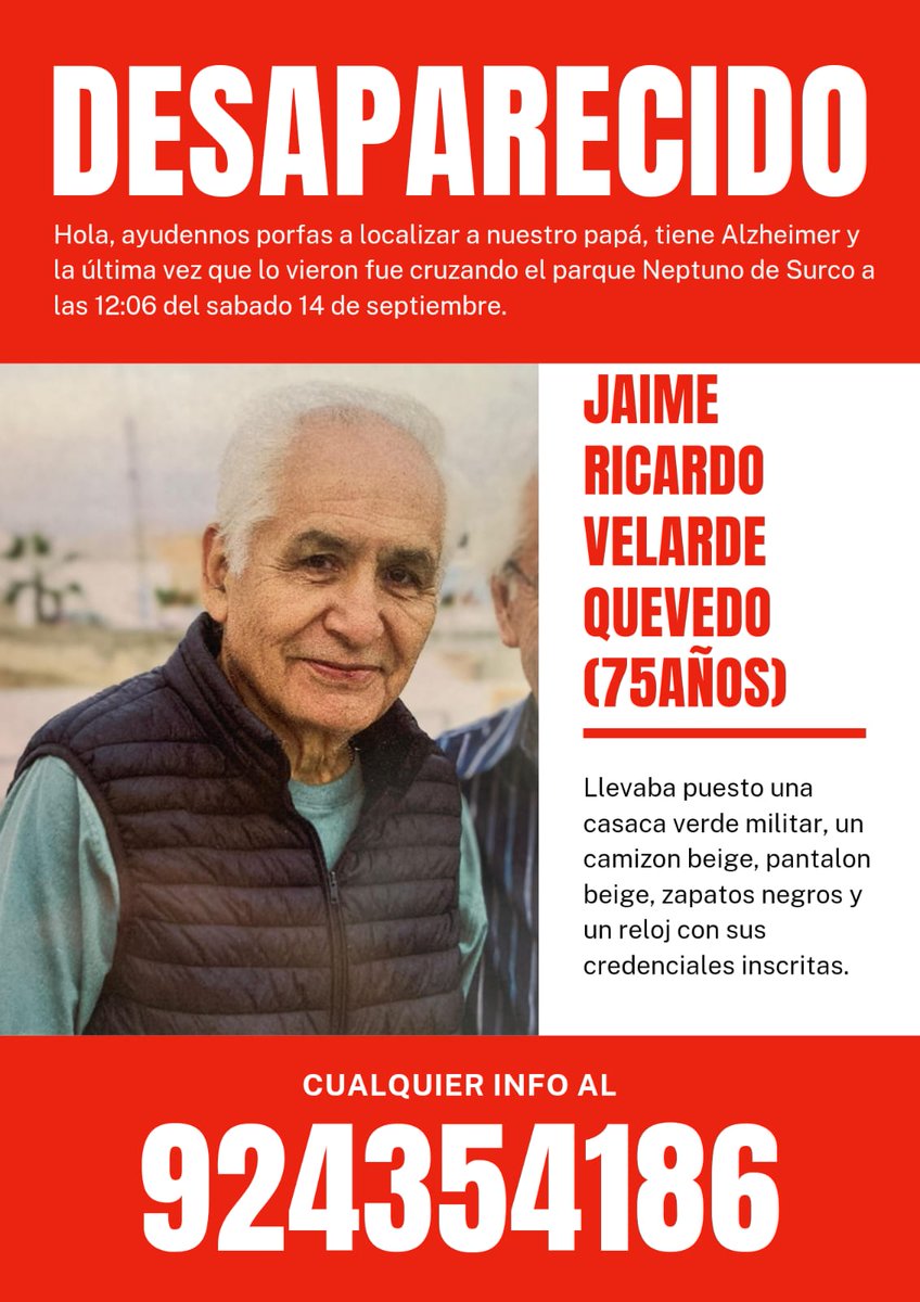 PitucadeBarrio's tweet photo. Gente hermosa de Twitter, máxima difusión a este tuit, que el papá de mi mejor amiga está desaparecido. El señor responde a nombre de Jaime Ricardo Velarde, si logran saber algo de él, comunicarse con el número que está en el afiche. RT y compartan pls, los amo 🫶🏼 https://t.co/HNWjeiVnaH